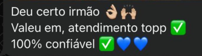 Trecho da conversa: Deu certo irmão. Valeu em, atendimento topp. 100% confiável.